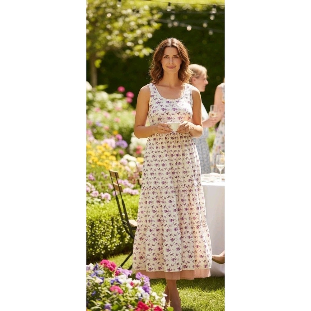 Misslook Pink Floral Long Tiered Maxi Dress Whimsical Cottagecore Vacation XL